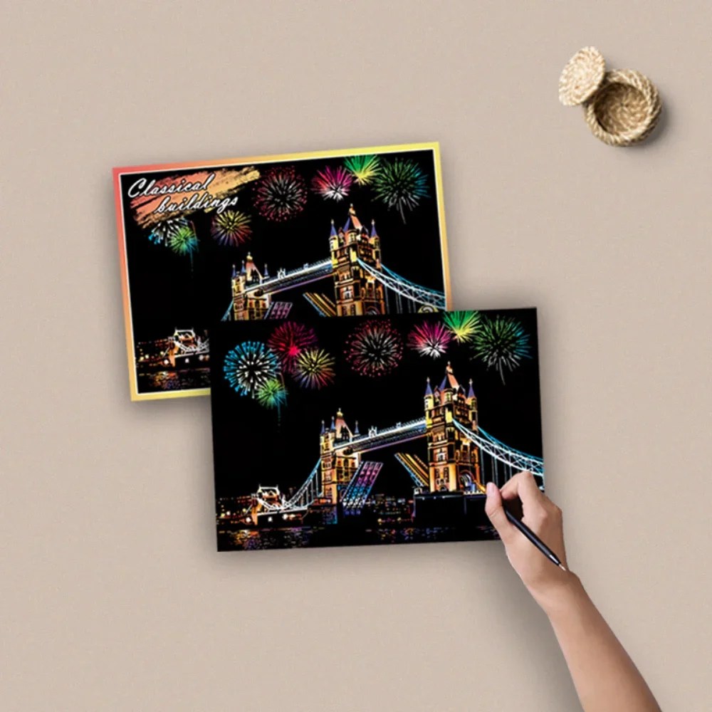 DIY 4Pcs Children Night Scene Art Scratch Painting Toys City Building Landscape Kids Educational Toys Birthday Gift Room Decor 2