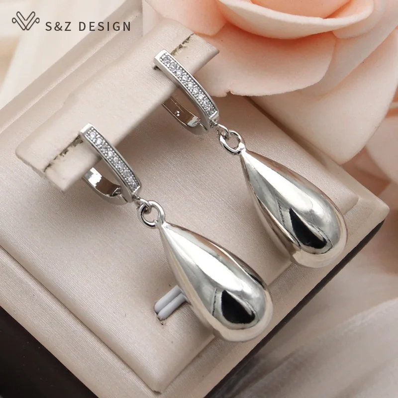 S&Z DESIGN New Fashion Smooth Water Drop Metal Dangle Earrings For Women Girl 585 Rose Gold Color Cubic Zirconia Jewelry Gift