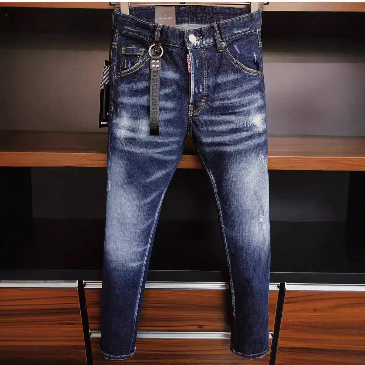 New Worn Simple DSQ Men's Slim Hole Versatile Stretch Jeans Tight Small Straight Tube Washed Worn Waist Style 4
