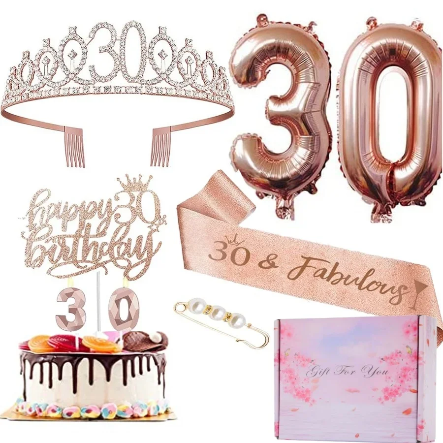 13th Birthday Decorations - Rose Gold Tiara Sash Set 8Pcs/Set 13 16 18 21 30 40 50 60 70 80 Birthday Party Crown Sash Cake Balloons Candles Decoration with Gift Box for Women 5
