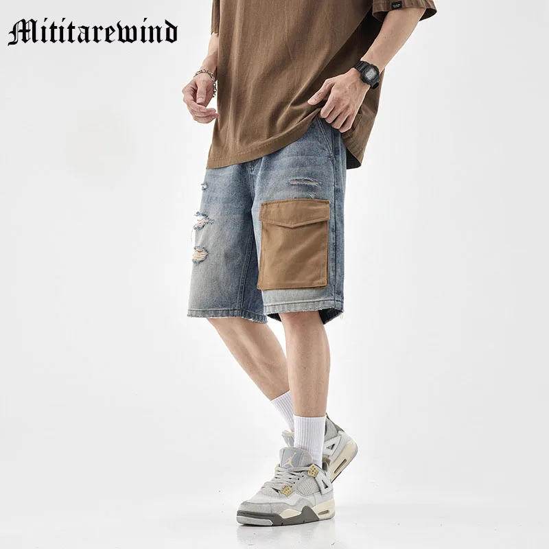 

Men's Cargo Shorts Ripped Vintage Patchwork Porkets Spliced Knee Length Pants Summer Hole Loose Casual American Fashion Jeans