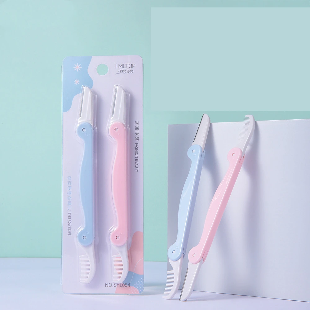 2Pcs/set Makeup Tools Eyebrow Trimmer 2-in-1 Razor Comb Foldable Macro with Protective Cover Safe for Beginner
