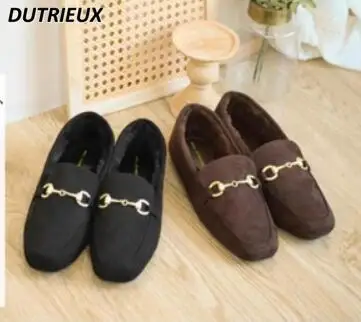 

Japanese Fleece Lined Buckle Warm Cloth Shoes Fluffy Gommino Autumn Winter New Surface Soft Bottom Wild Comfort Flat Shoes Women