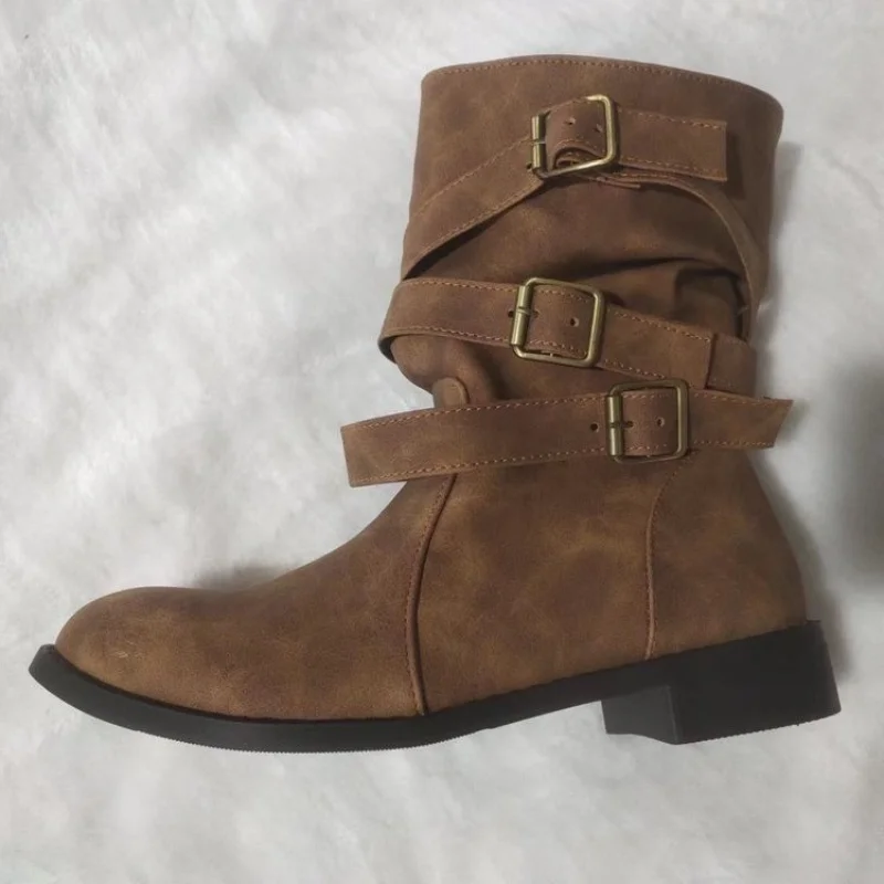 

Женские кожаные сапоги до середины икры с пряжкой, женские кожаные сапоги на низком каблуке, зимние сапоги для женщин, ковбойские сапоги для женщин, модные