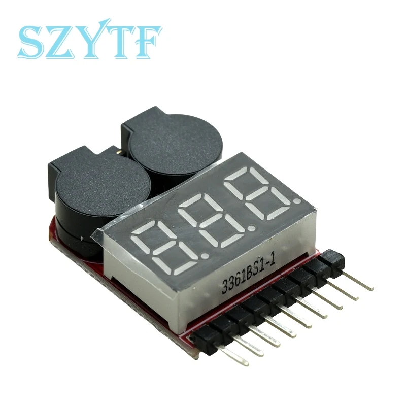 Testeur de batterie LiPo 1-8S avec alarme basse tension BBX connecté à une batterie, affichant la tension.