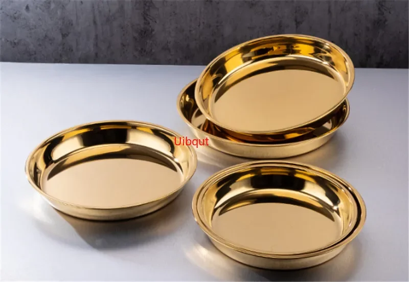 Gold stainless steel big round Serving Tray Plate steak Dish Dinner BBQ Grill Meat
