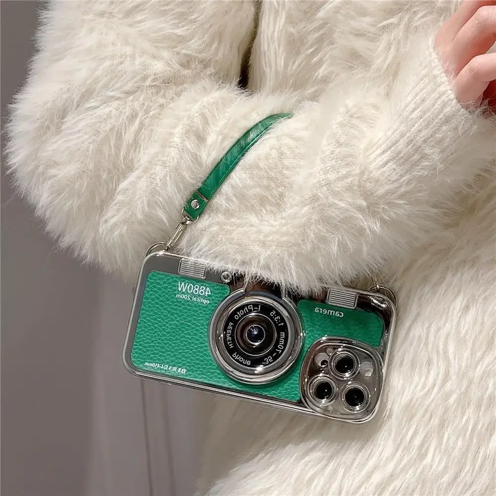 Luxury Retro Stereo Camera Hand Lanyard Phone Case with Leather Pattern