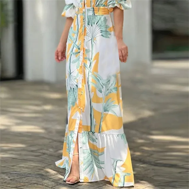 Casual Maxi Dress Summer Elegant Temperament Mid Waist Dresses Beauty Retro Long Sleeve Solid Printed Sexy Womens Vestidos 3