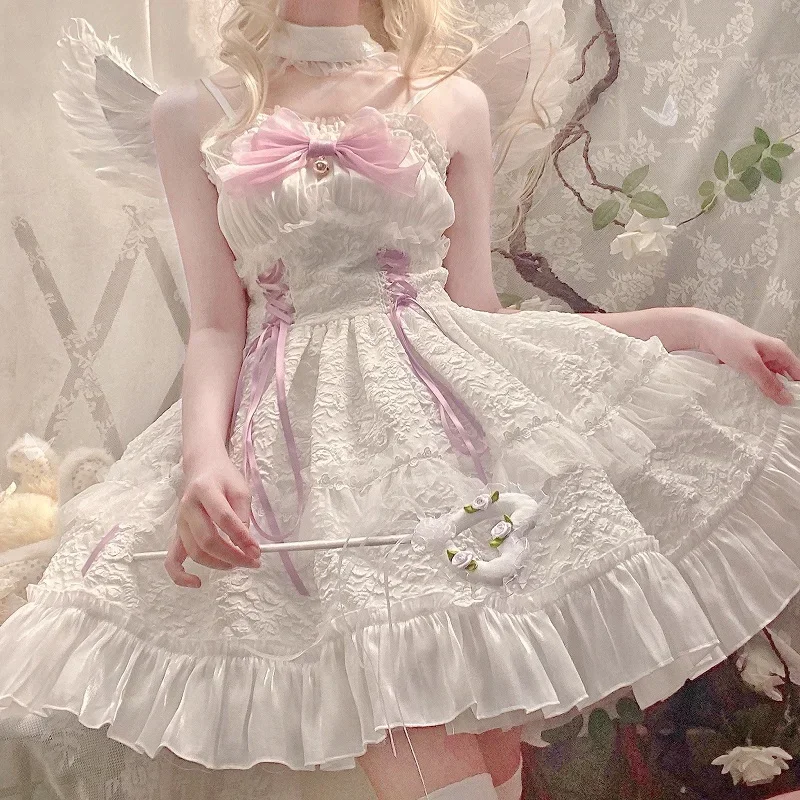 Dark Gothic Lolita Jsk Dress Women Harajuku Kawaii Bow Lace Bandage Princess Slip Dresses Girl Sweet Cute Y2k Party Mini Vestido lolita dress lolita suspender dress lolita cosplay costumes suspender dress