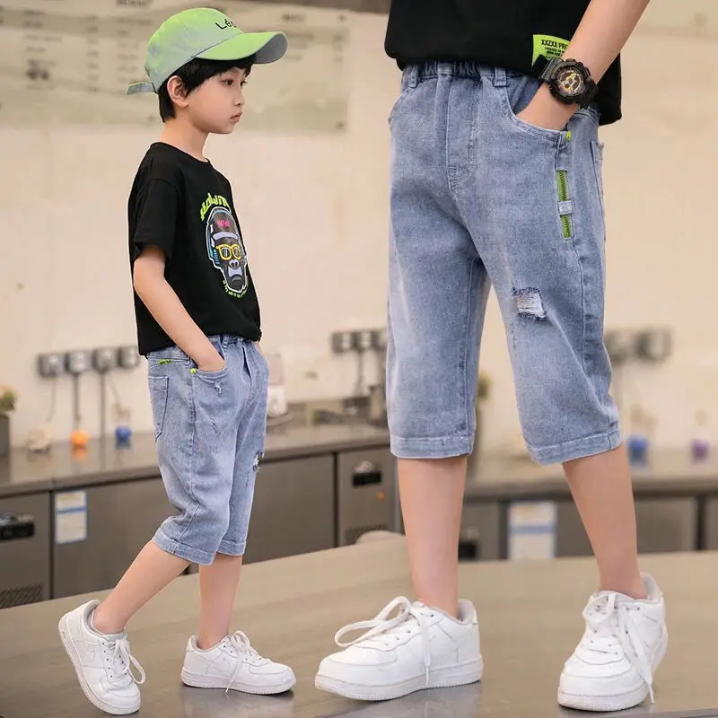 

Summer Teenager Kids Children Jean Shorts Denim Cotton Shorts for Boys Solid Casual Shorts Beach Short Sports Pants 5-12Yers