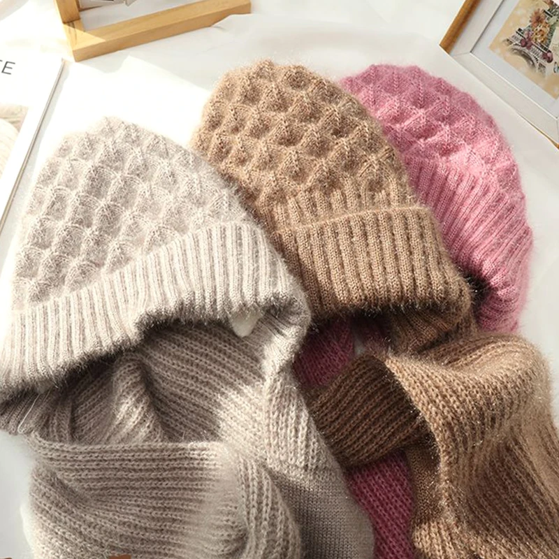 

Women Warmer Integrated Hat Scarf Winter Thickened Wool Knitted Fleece Lined Ear Protection Hooded Scarf Outdoor Ski Beanie Caps