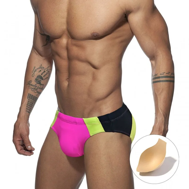 Mens Sexy Bikini Swim Briefs Color Block Low Waist Breathable
