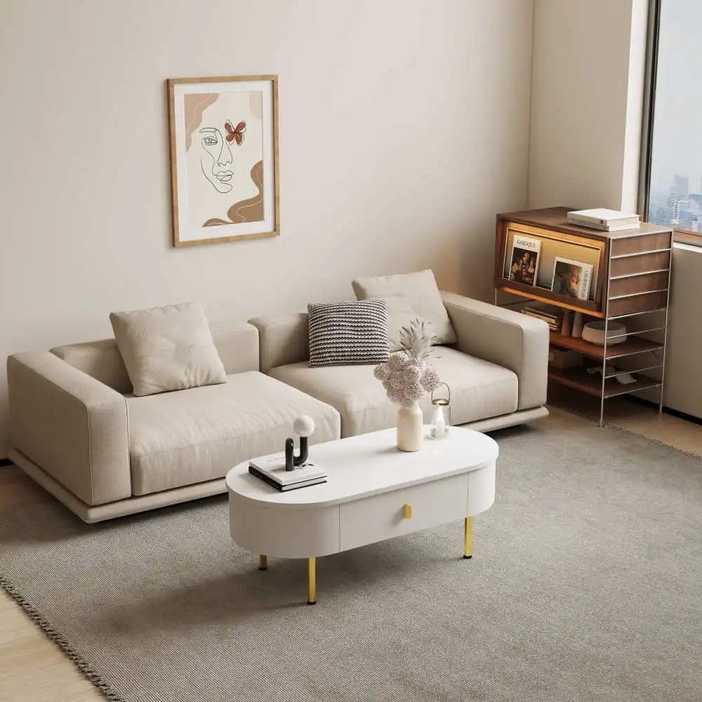 TV-Lowboard mit Schubladen – goldenen Griffen und Beinen, Design mit gebogenen Ecken, stilvoller TV-Schrank, Aufbewahrungsmöbel für Medien zu Hause – Detail 19