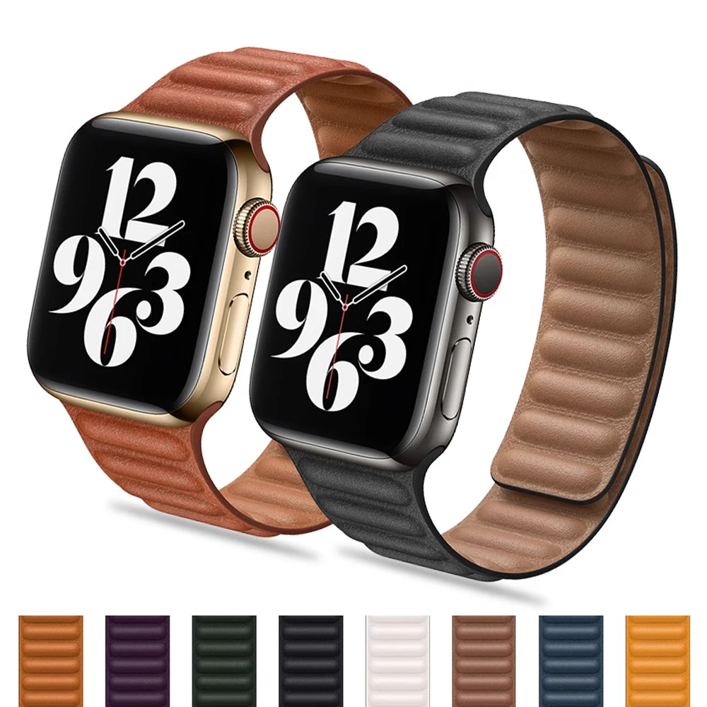 

Ремешок кожаный для Apple Watch Band, оригинальный магнитный браслет для iWatch Series 9 8 Ultra 2 SE, 45 мм 41 мм 44 мм 40 мм 49 мм 42 мм
