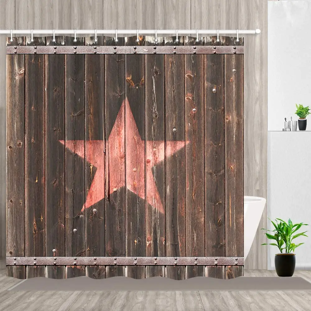 

Rustic Shower Curtain Retro Old Wooden Gate with Texas Red Stars Polyester Fabric Bath Bathroom Curtains Set with Hooks