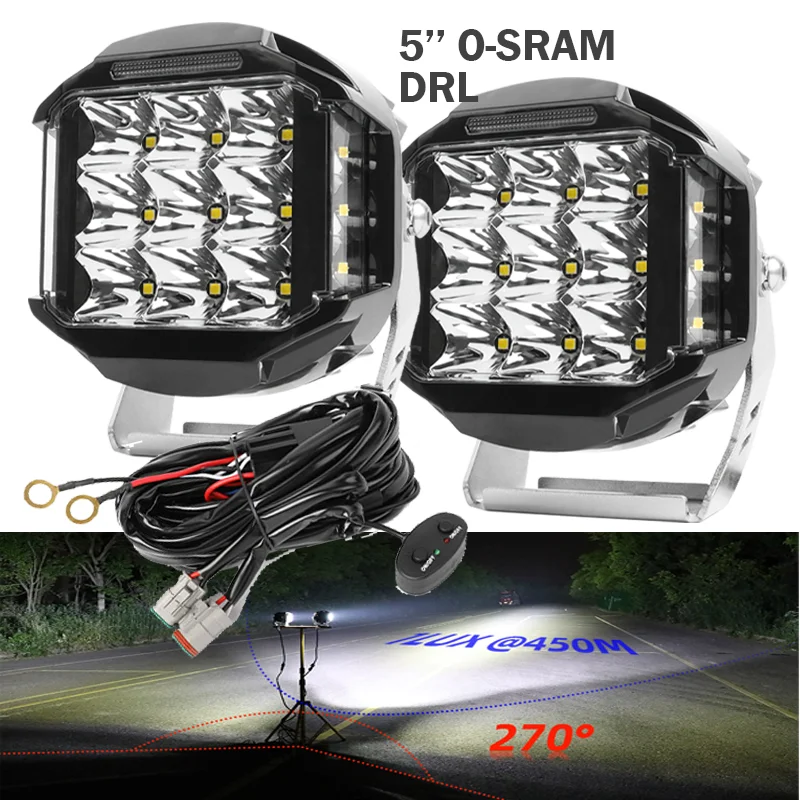 

5 Inch 450M IP68 IP69K 4WD 12V 24V Offroad Aux Side Shooter Driving Light DRL for Truck 4X4 4WD With Automotive Wire Harness Kit