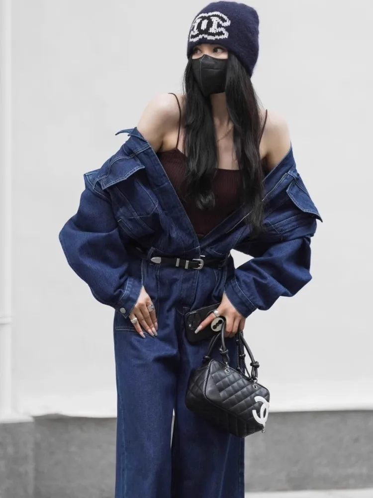 Blue Design Denim Jumpsuit Women'S Spring And Autumn Collar Fashionable Workwear Large Pocket Loose Pants 3