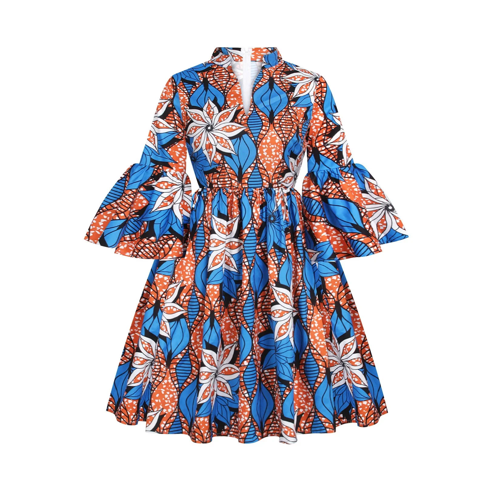 Africa New Digital Printing Women's Autumn Dress Three Quarter Lotus Leaf Sleeve Small V-Neck Dress Spot