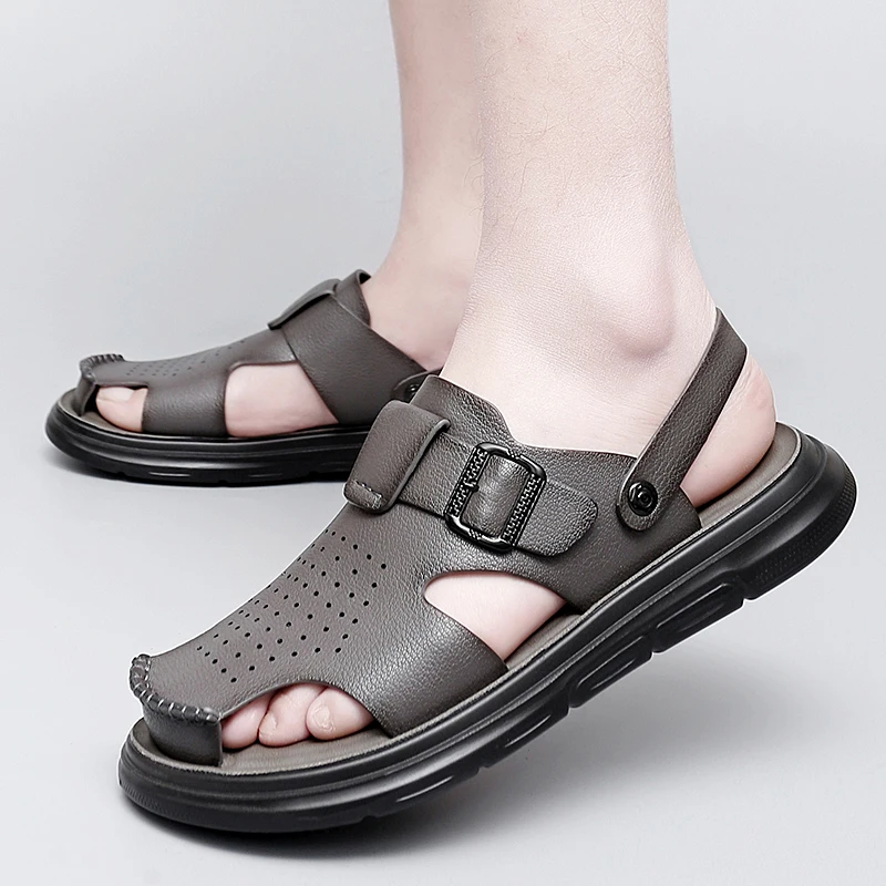 Sandalo da uomo in vera pelle Air Cuhion Slip On Slide Shoe Suola in gomma antiscivolo Claic Slide da spiaggia piatta nera_voghion.com