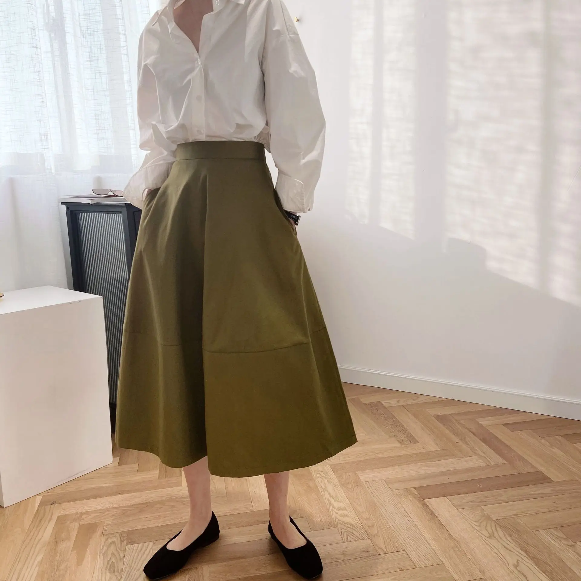 crop top with skirt Harajuku Solid High Waist A-Line Women Skirts Korean Solid Pockets Midi Skirt Vintage Chic Summer Faldas Mujer black denim skirt