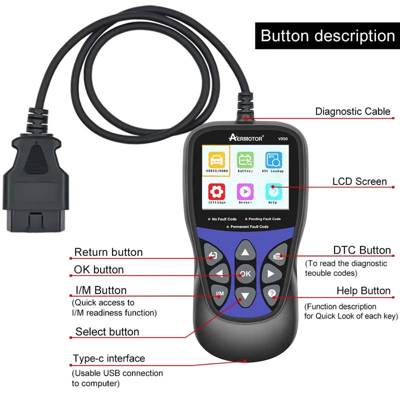 Car Code Reader V850 Automotive OBD2 Scan Tools Aermotor 850 PK ELM327/KW850/AS500 Check Engine Battery Tester 4
