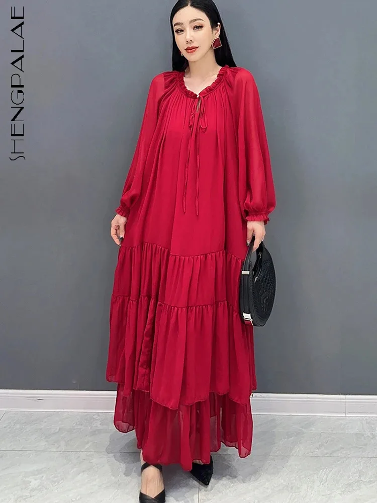 

SHENGPALAE 2024 Spring Summer New Women's Dress Long Sleeved V-neck Cake Long Dress Fashion Elegant Loose Clothes Robe 5R9877