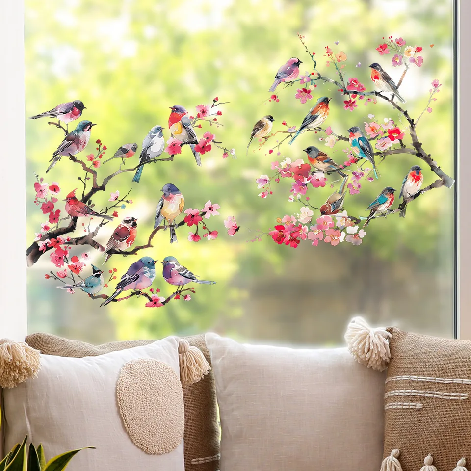 Rami di albero rosa Fiori di pesco e uccelli Adesivi murali per la decorazione di finestre in vetro Camera da letto Soggiorno Decorazione autoadesiva