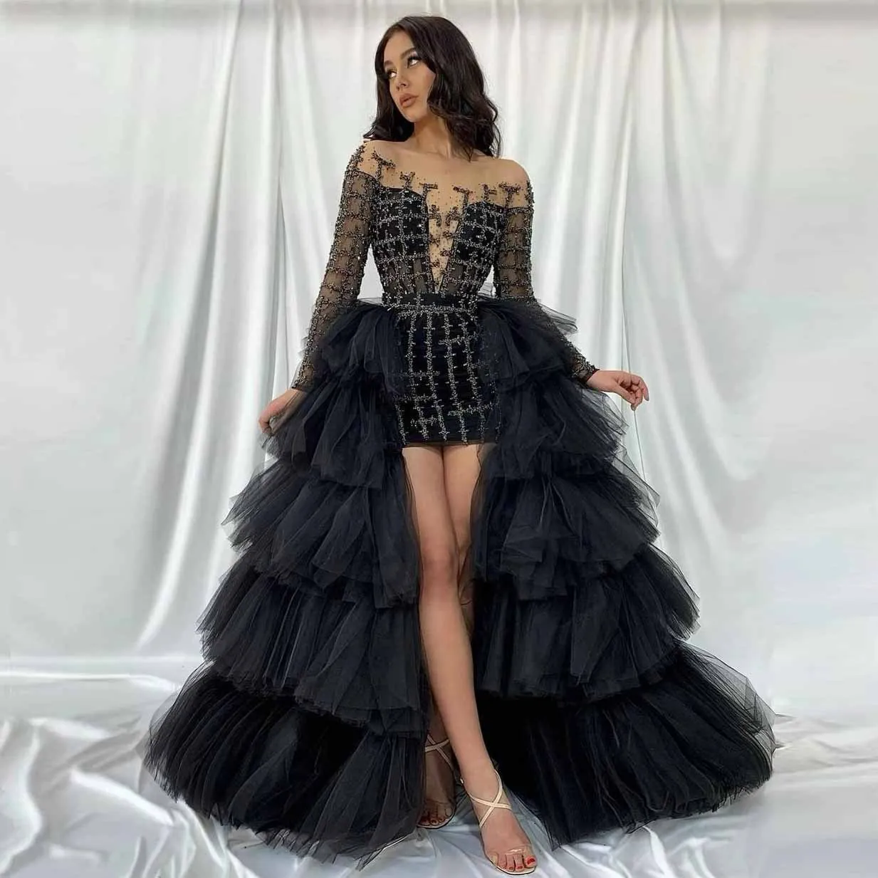

Fashion Ball Gown Black Tulle Detachable Skirt Elastic Waist Layered Tulle Tutu Prom Skirts Overlay Long Wedding Overskirts
