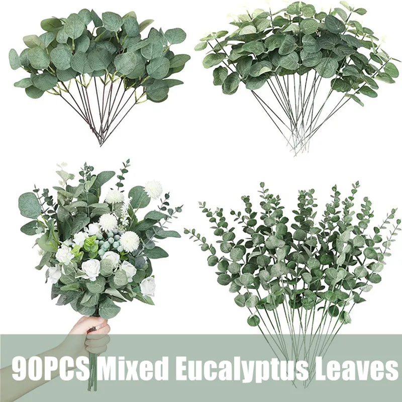 

90Pcs 180Pcs 3 Kinds Mixed Eucalyptus Leaves Stems Decor Artificial Eucalyptus Leaves Faux Greenery Branches Wedding Centerpiece