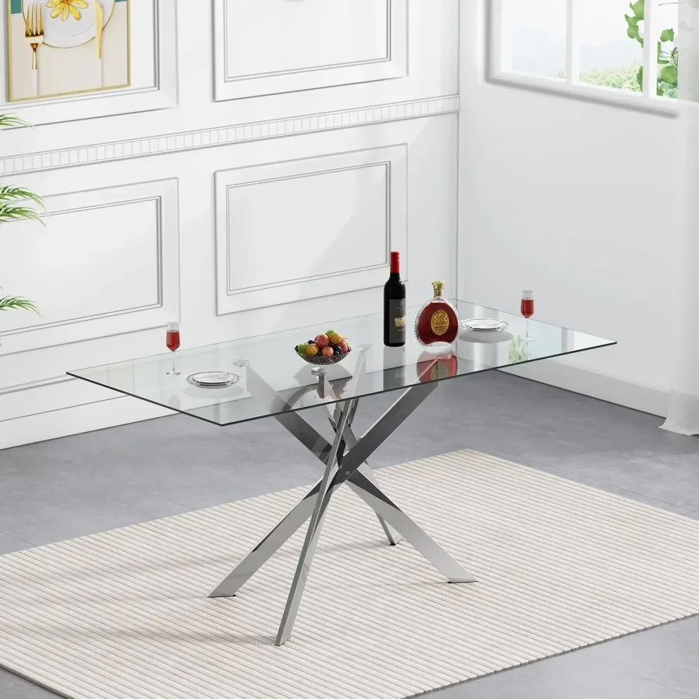 5 Piece Glass Dining Table Set, 51" Rectangular Glass Table and 4 Velvet Upholstered Chairs, Glass Dining Table Set for 4 5