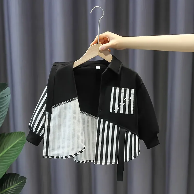 Fashionable Striped Patchwork Spring Autumn Casual Shirt Boys Outerwear Korean Version All-Match Children's Clothing
