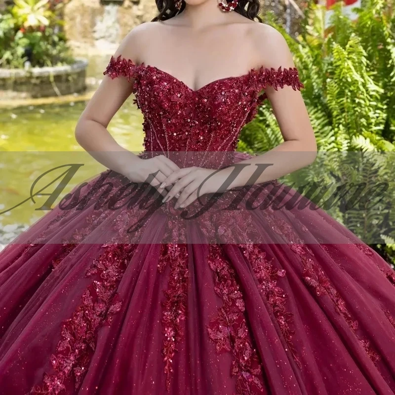 Mexican Wine Red Women Birthday Party Dresses Ball Gown Lace Applique Bow Vestido De xv Anos 15 Quinceanera Prom Wear