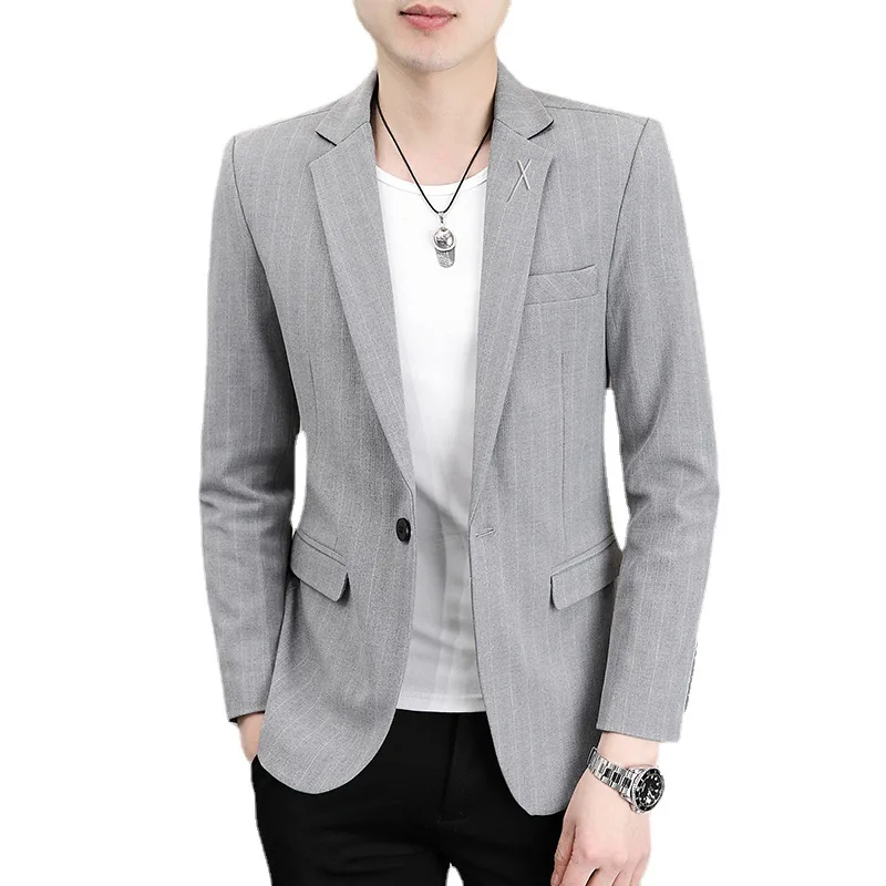 New Men's Solid Color Gentleman Slim Trend Casual Striped Blazer All Match British Style Breathable Youth Fashion Handsome Suit