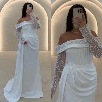 Abito da Sposa Modesto in Raso con Perline, Stile A-Line, Sirena, Maniche Lunghe, Scollo a Barca, Personalizzabile, Vestido De Novia