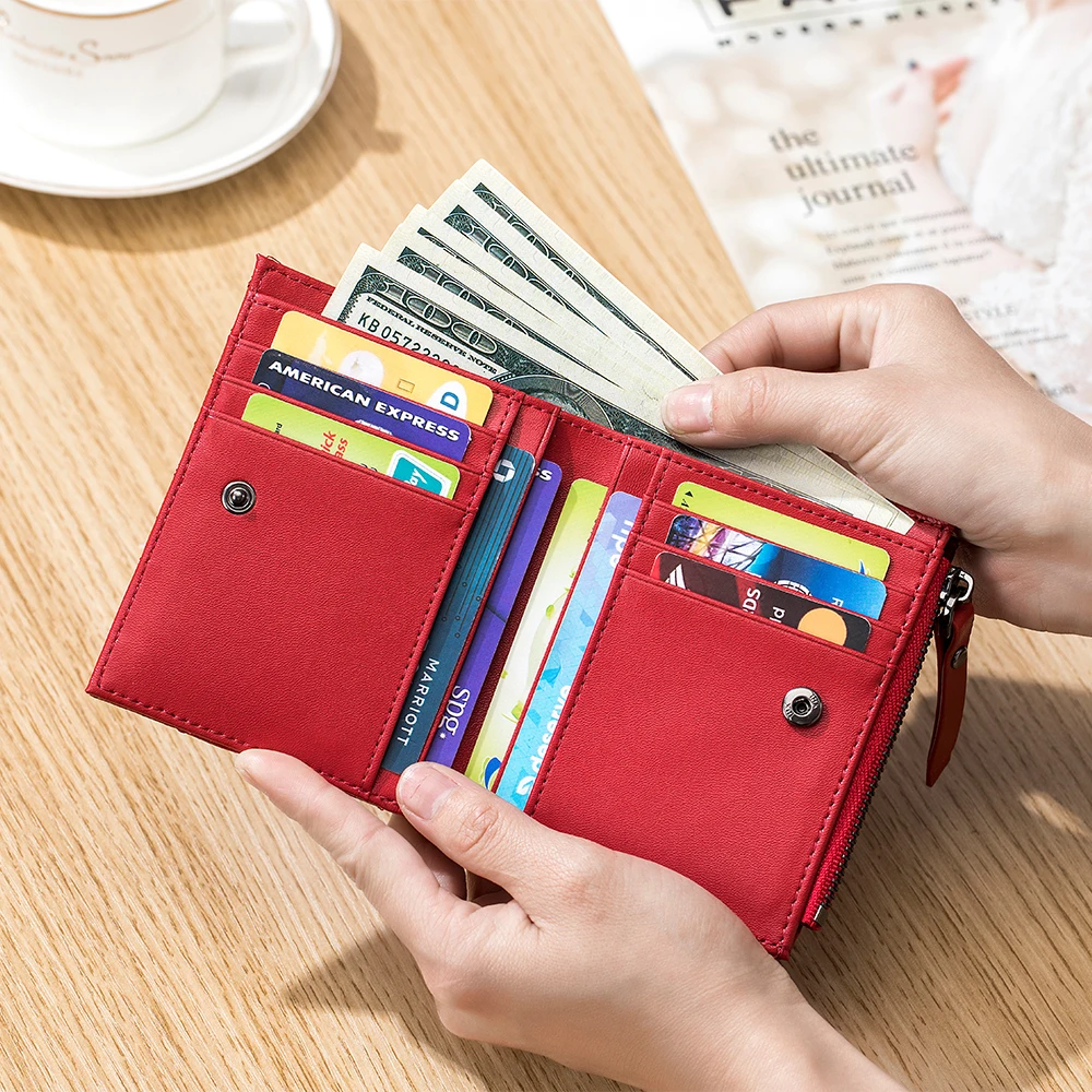 Womens Embroidered Short Wallets Small Compact Bifold Luxury Genuine Leather Pocket Wallet Ladies Mini Purse with Zipper Pouch