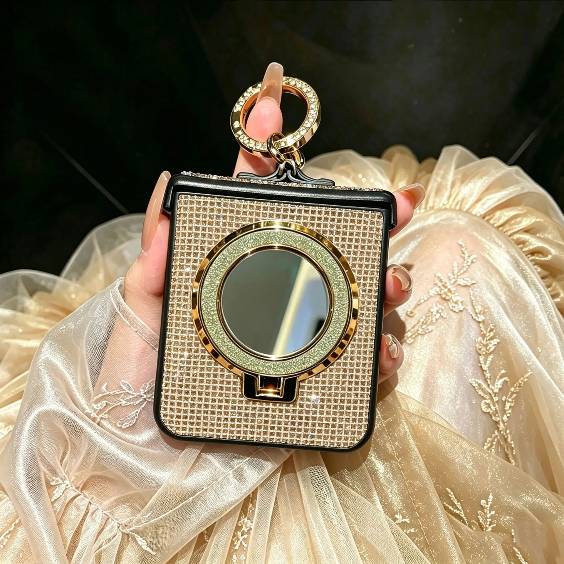 Elegant Diamond-Plated Ring Buckle Phone Case with Shiny Magnetic Mirror Holder