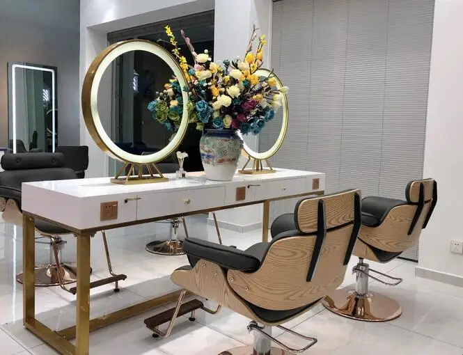 Barber shop mirror table with lamp beauty salon special marble hot dyeing table integrated cabinet makeup mirror table