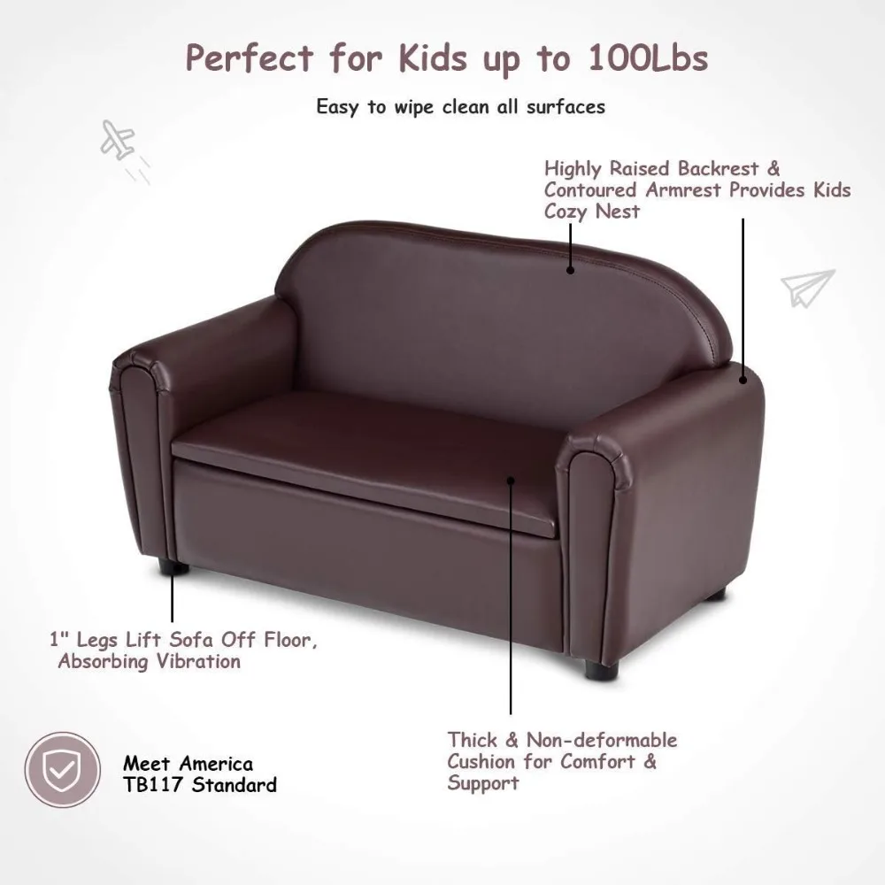 Kids Couch, Double Seat Children's Sofa w/Under Seat Storage, Toddler Armrest Chair, Kids Room, Soft Kids Sofa with Storage 4