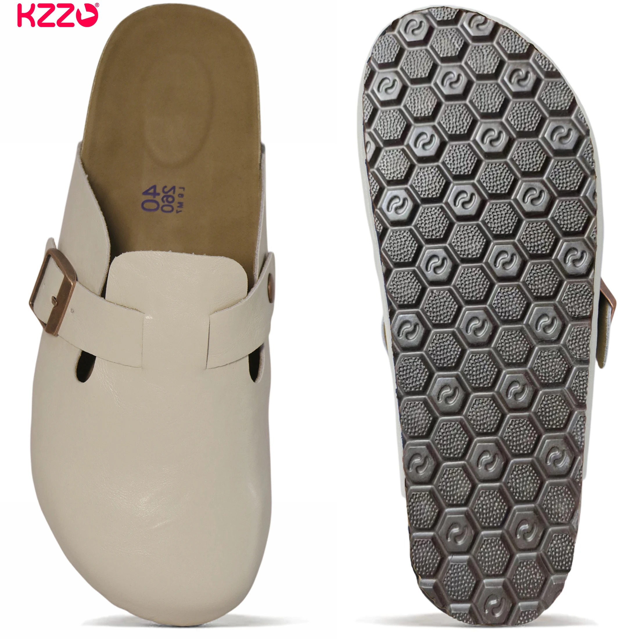 KZZO Waterproof Genuine Leather Mules For Women Non Clog Shoes Outdoor Home Comfort Slip On Flat Adjustable Strap White_voghion.com