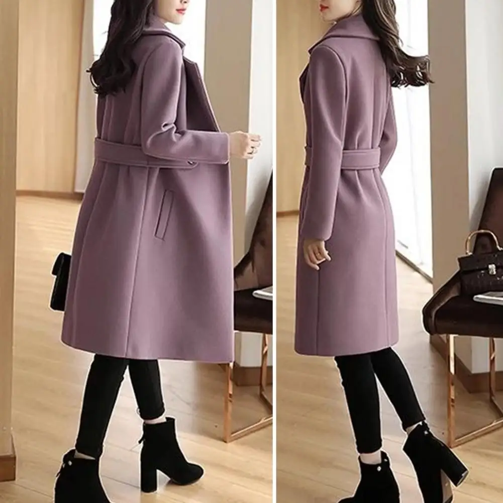 

Women Jacket Stylish Mid-length Women's Overcoat Thick Solid Color Turn-down Collar Belted Button Closure for Fall Winter Solid