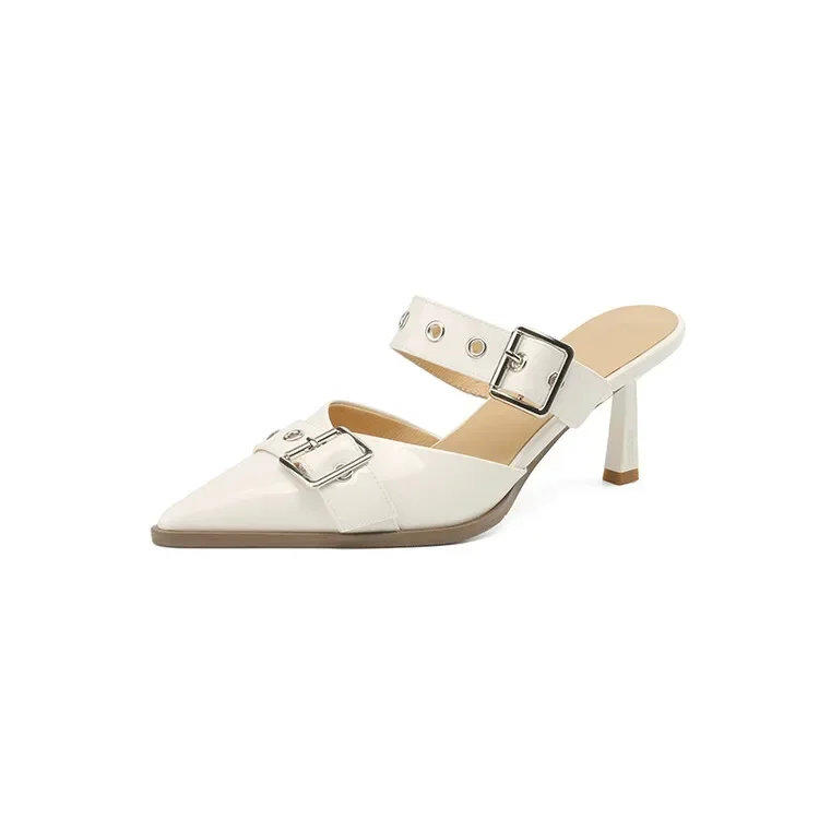 NEW Summer Women Sandals Patent Leather Shoes for Women Cover Toe Thin Heel Slippers Belt Buckle Mules Ponited Toe Women Shoes