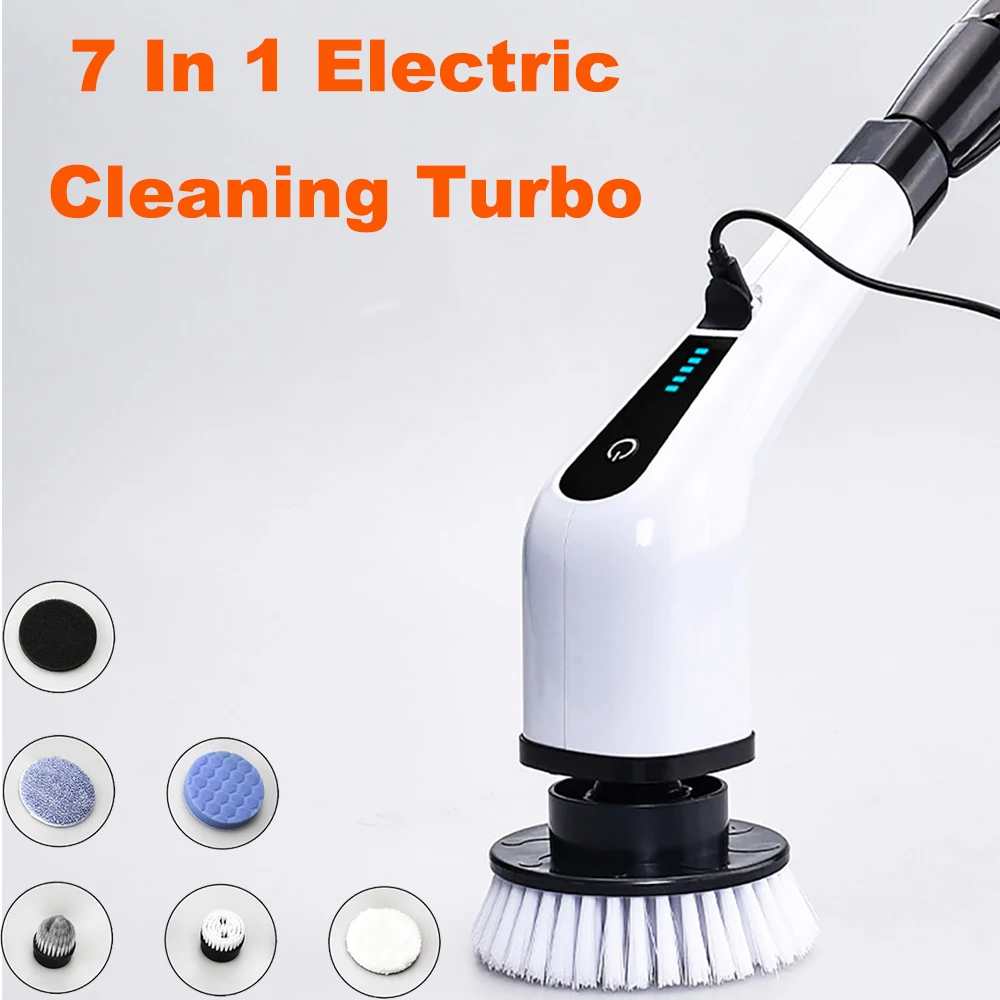 

7 In 1 Adjustable Electric Cleaning Turbo Scrub Brush Wireless Window Wall Cleaner or Bathroom Kitchen Cleaning Supplies