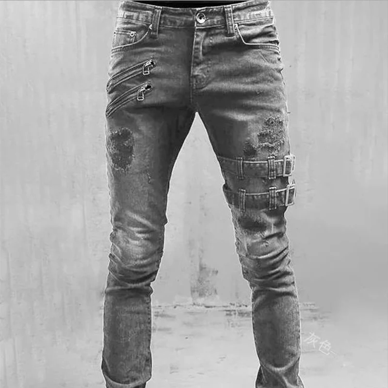 Zipper Decoration Slim Fit Biker Jeans Men Cotton Stretchy Ripped Skinny Jeans High Quality Hip Hop Black Oversize Denim Pants