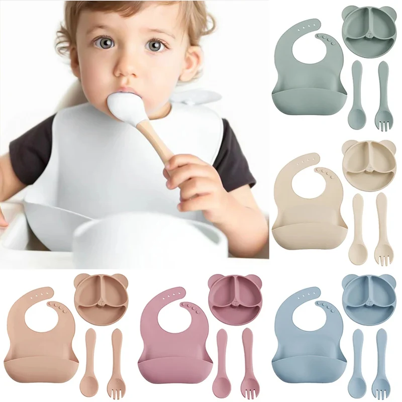4PCS Baby Silicone Divided Plate Set Children's Bear FacePlate With Suction Waterproof Bibs Spoon Fork For Feeding Tableware Set