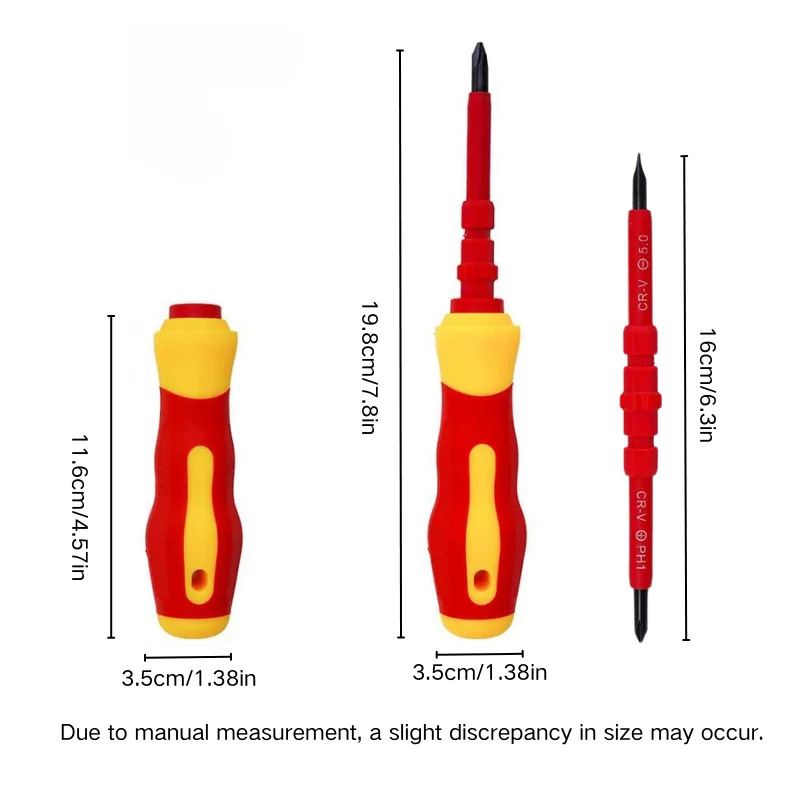 1000V Insulated 3-in-1 Screwdriver - Interchangeable Magnetic Tip with PH1/PH2 & Slotted Bits, Electrician Professional Tool Kit