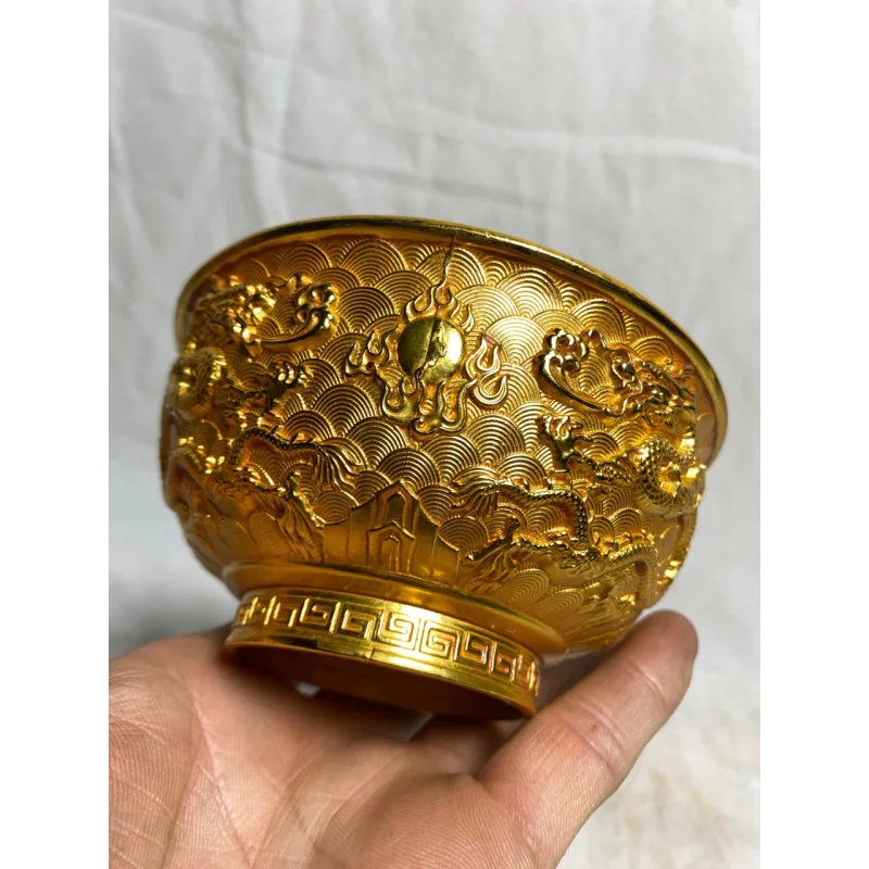 Ciotola In Oro Antico Rame Puro Placcato Oro Double Dragon Gold Bowl Collezione Antica