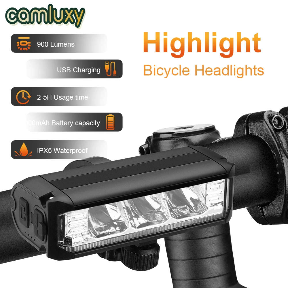 Camluxy Bicycle Front Light 900 Lumen Bike Headlight 2000mAh Flashlight Waterproof USB Charging Cycling Lamp Bike Accessories bicycle rear light