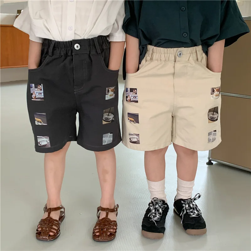 

2023 Summer boys and girls figure printed knee length pants unisex children loose casual straight shorts