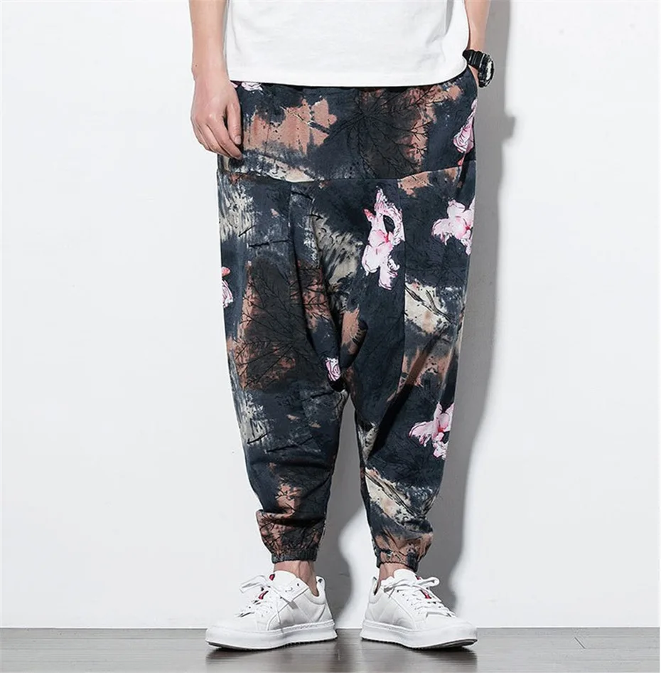 Hip Hip Streetwear Cross-pants Men Summer Loose Linen Pants Male Hip Hop Graffiti Trousers Elastic Waist