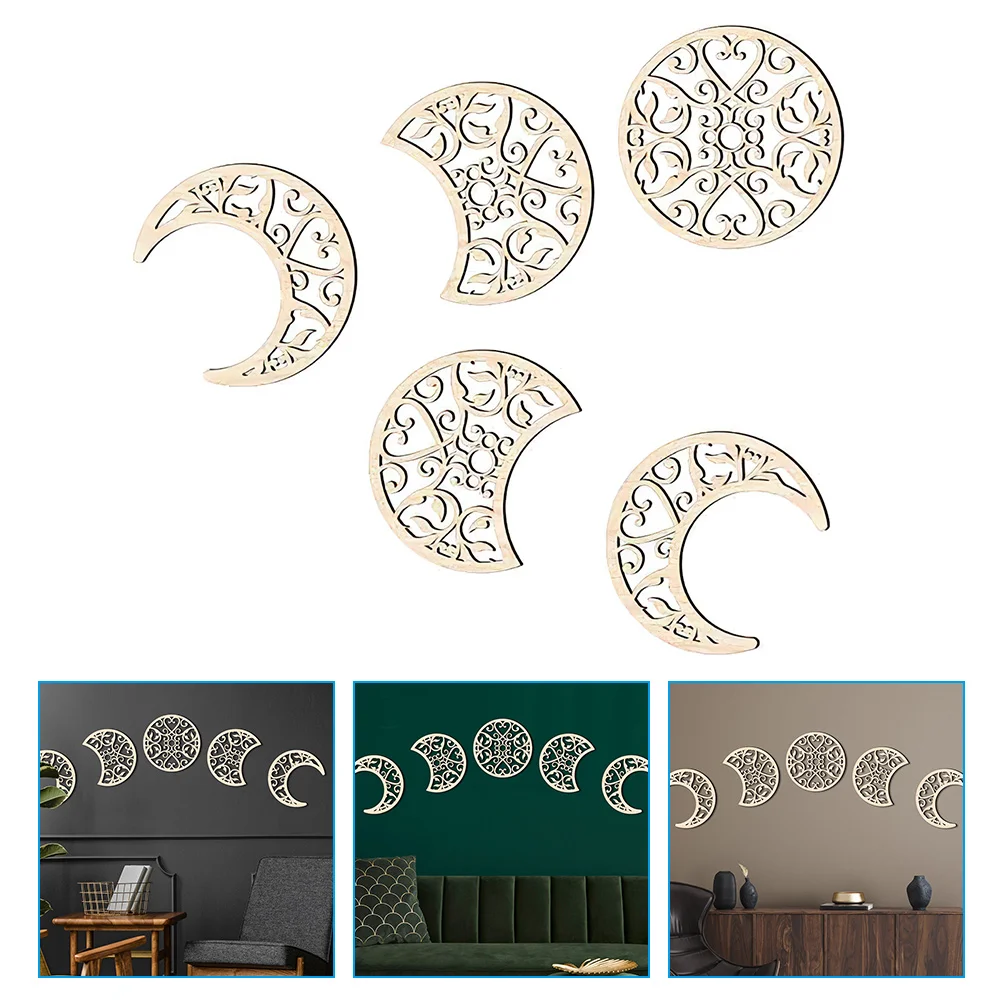 

5 Pcs Moon Phase Wood Chip Decoration Room Accessories for Home Wall Wooden